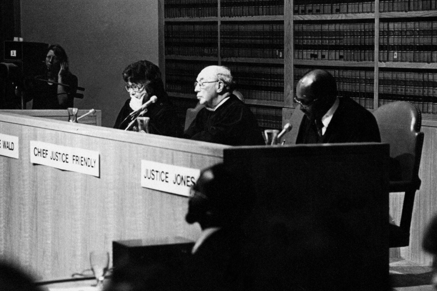 Justices Henry J. Friendly, Patricia Wald, and Nathaniel Jones at the 1981 Ames Moot Court.