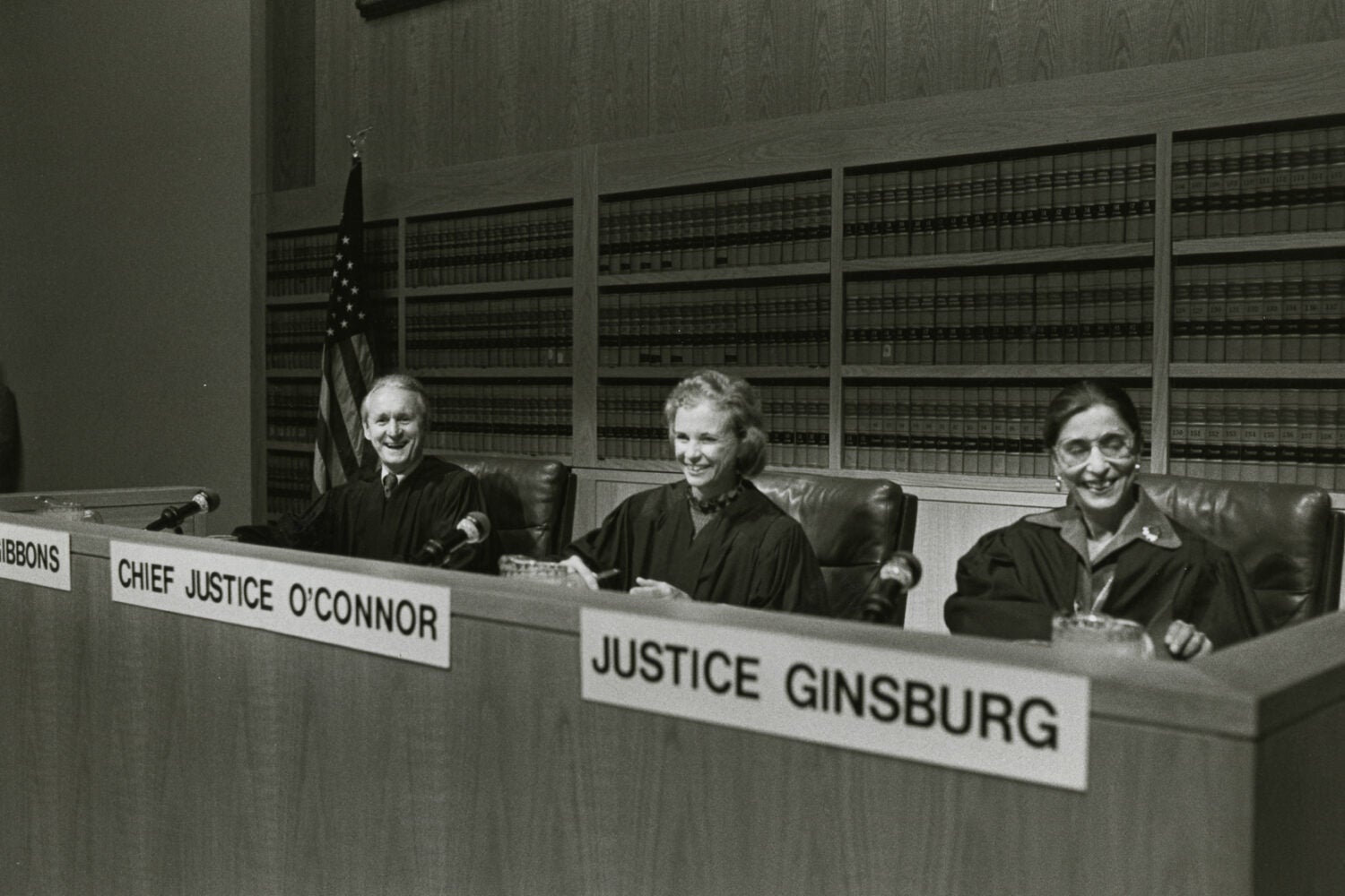 Justices Sandra Day O’Connor, Ruth Bader Ginsburg, and John J. Gibbons at the 1982 Ames Moot Court.