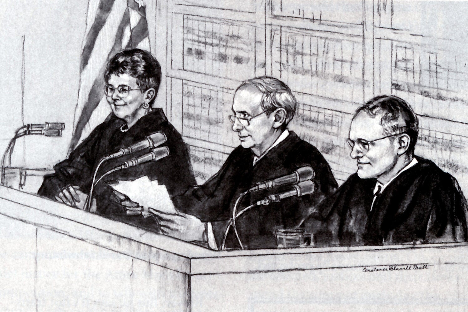 Sketch of Justices Stephen Breyer, Stephen F. Williams, Rosemary Barkett at the 1995 Ames Moot Court Finals.
