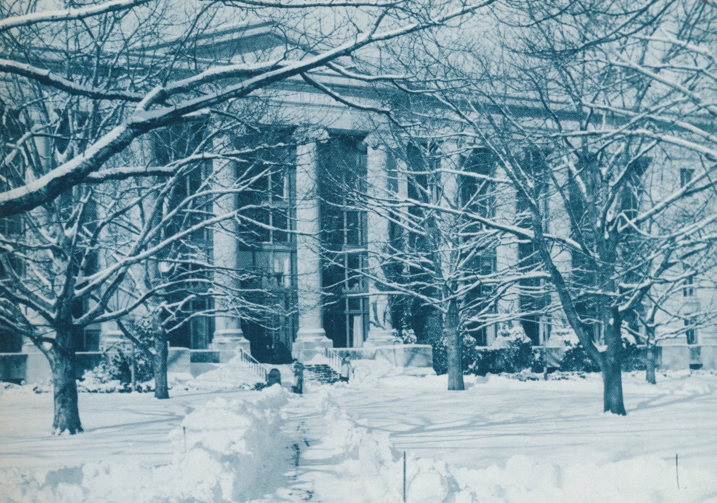 The front of Langdell Hall on a snowy day in 1946.