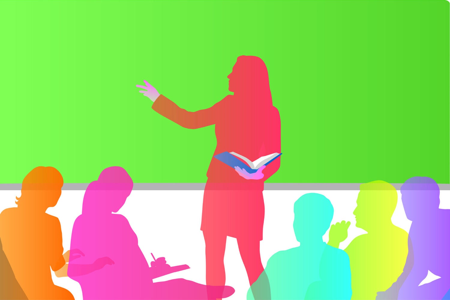 Colorful illustration of a teacher standing at a chalkboard teaching several students.