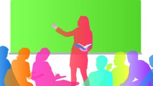 Colorful illustration of a teacher standing at a chalkboard teaching several students.