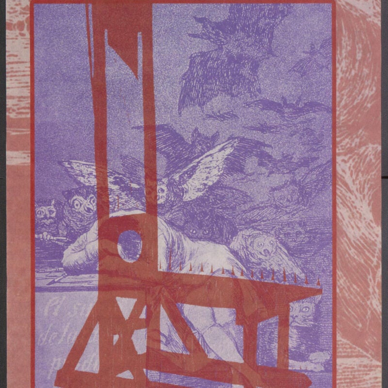 A multimedia print with a guillotine as the focus