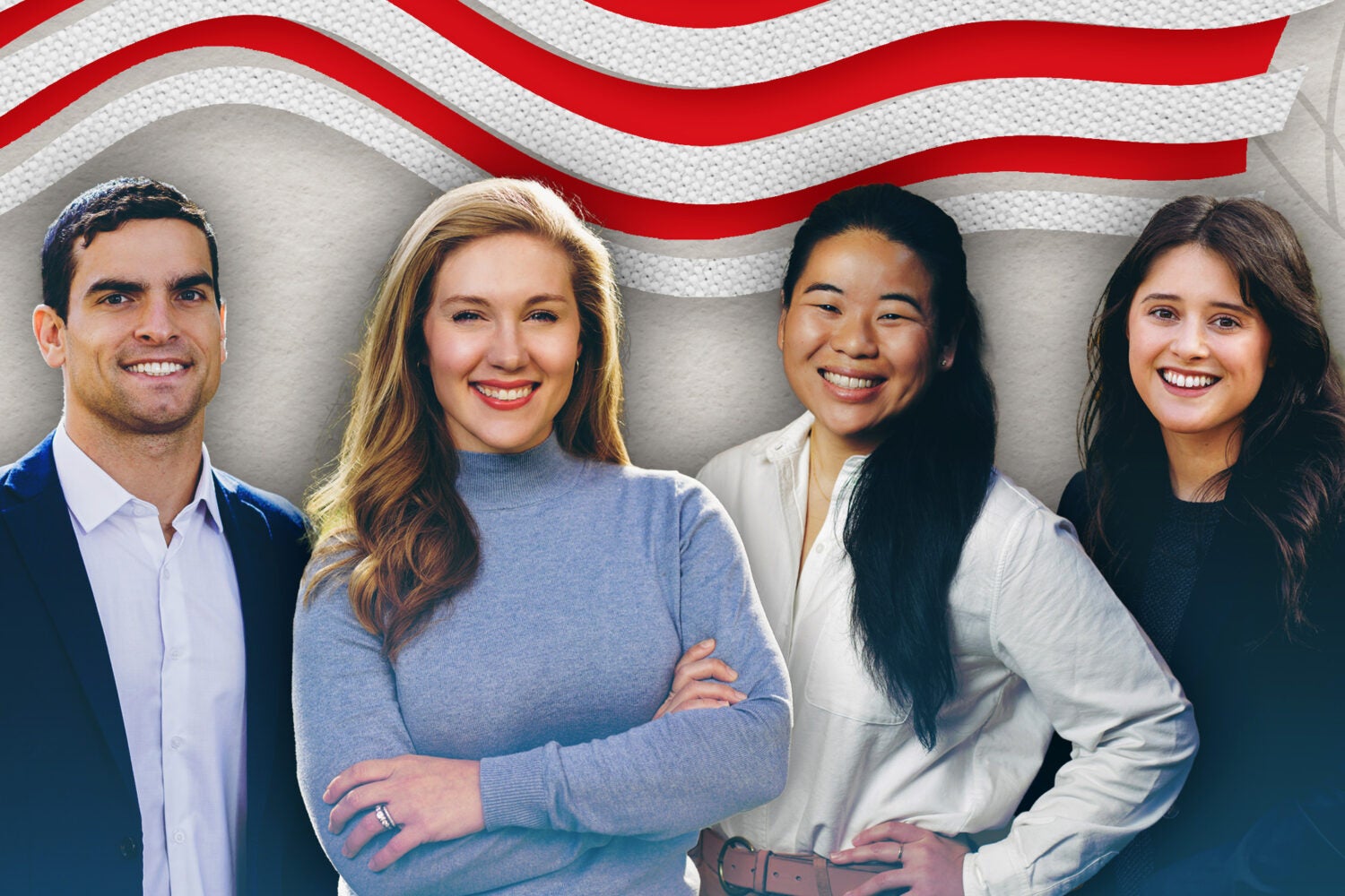 Photo illustration of four students in front of an abstract illustration of an American flag.