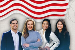 Photo illustration of four students in front of an abstract illustration of an American flag.