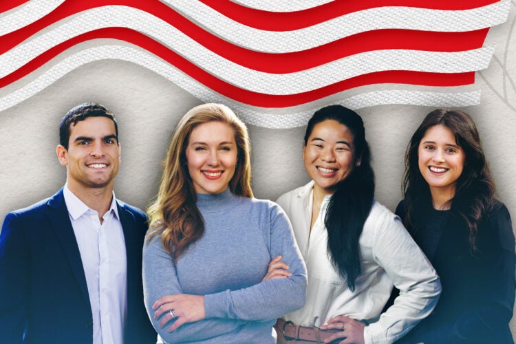 Photo illustration of four students in front of an abstract illustration of an American flag.