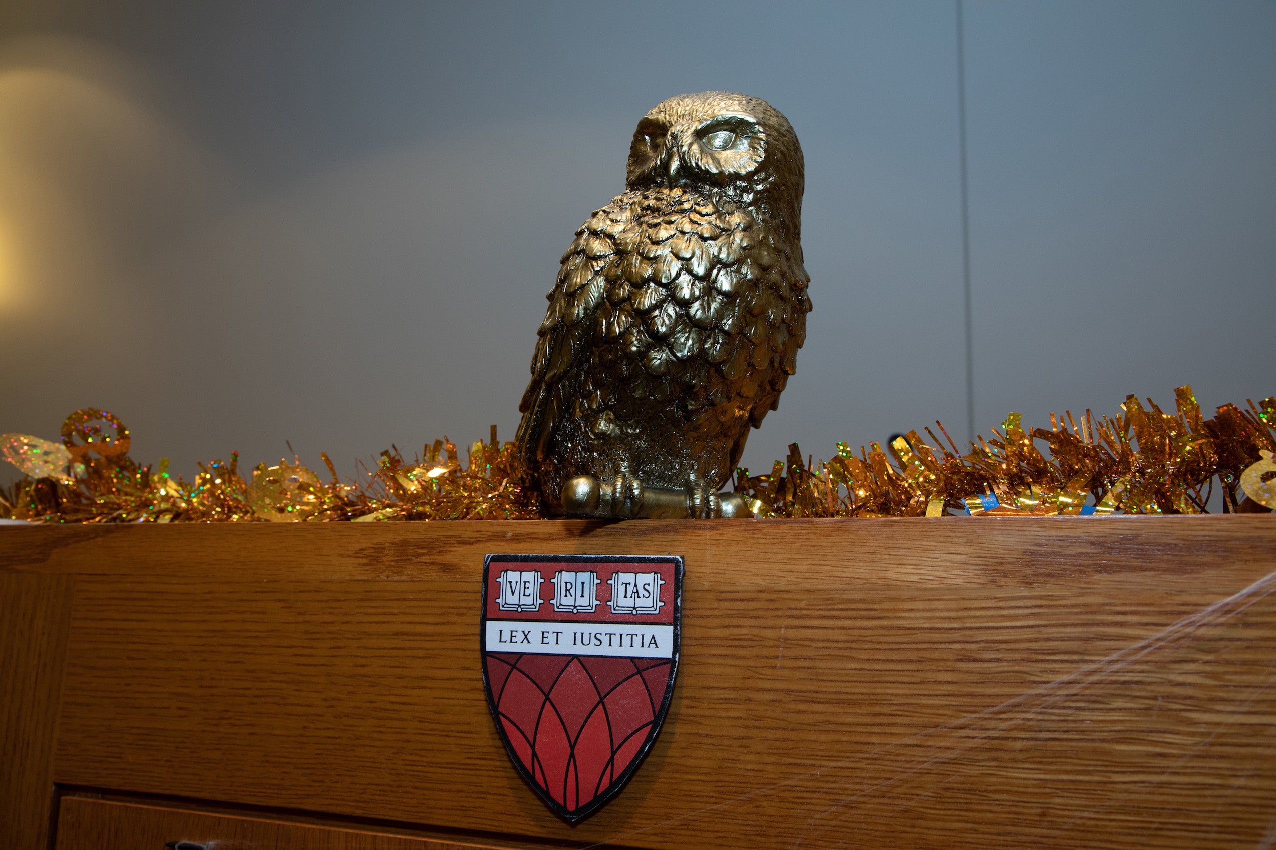 An owl decoration on a podium