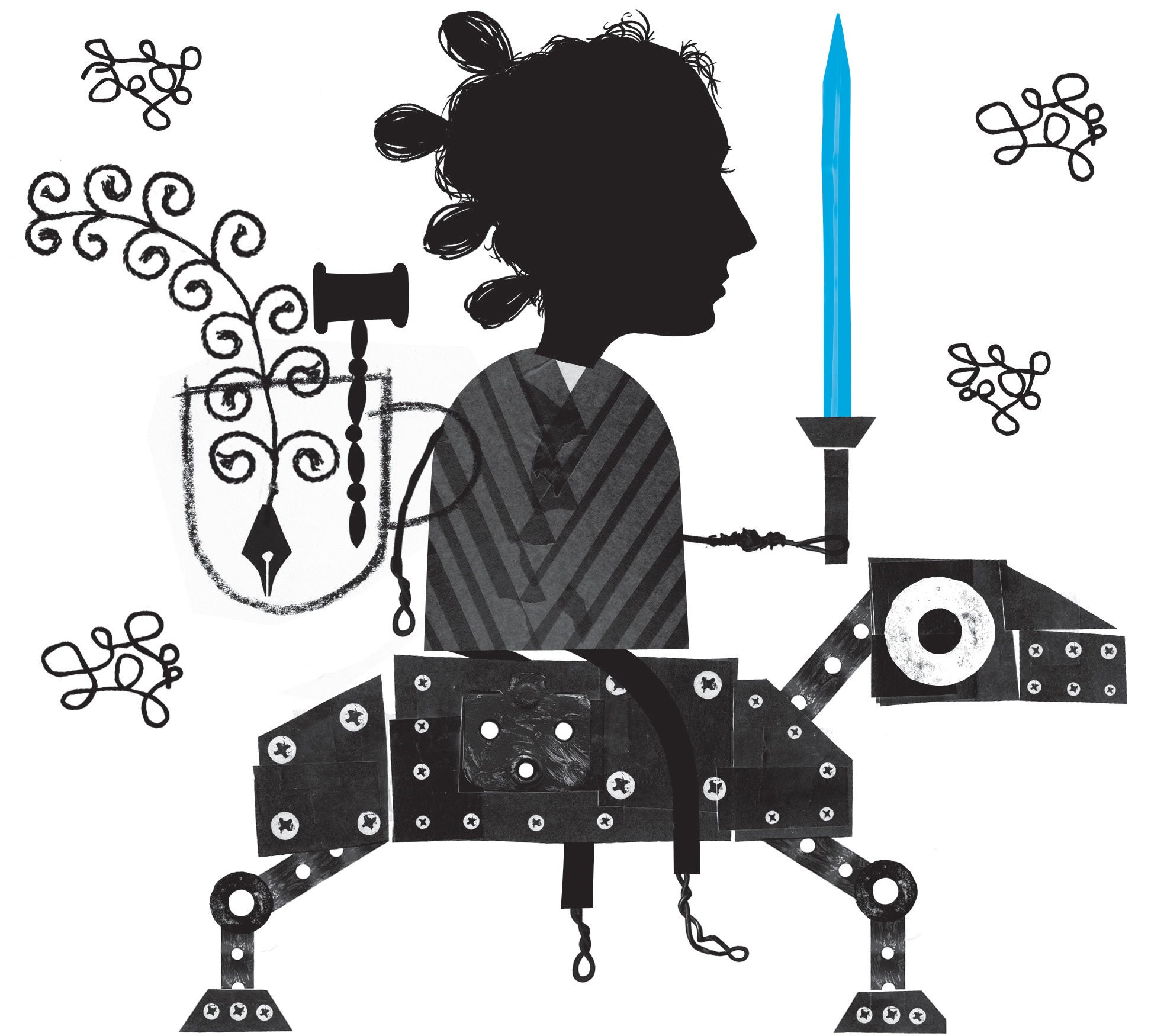Illustration of a silhouette holding a sword against an abstract background