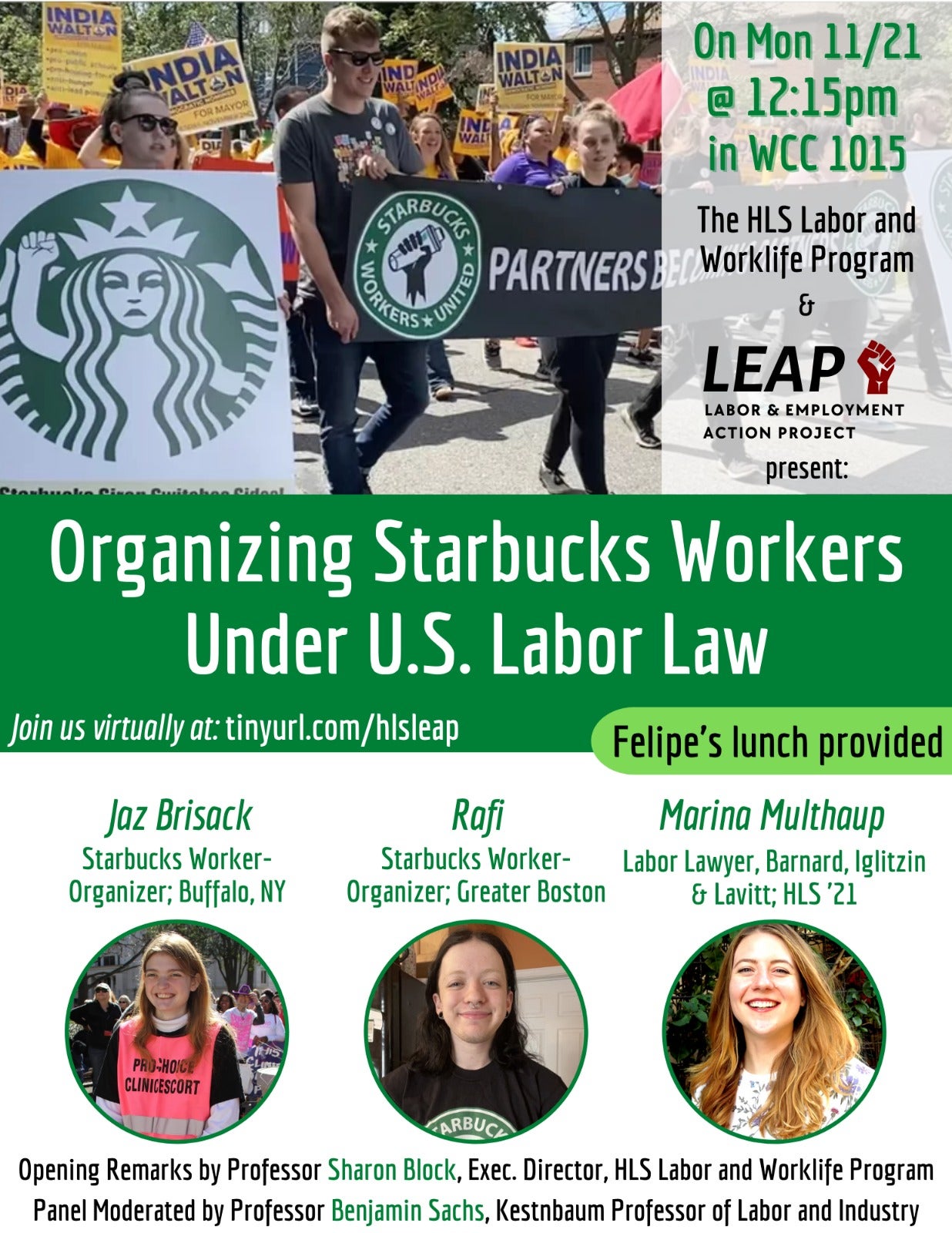 flyer for the Organizing starbucks event with speaker photos and time and date info