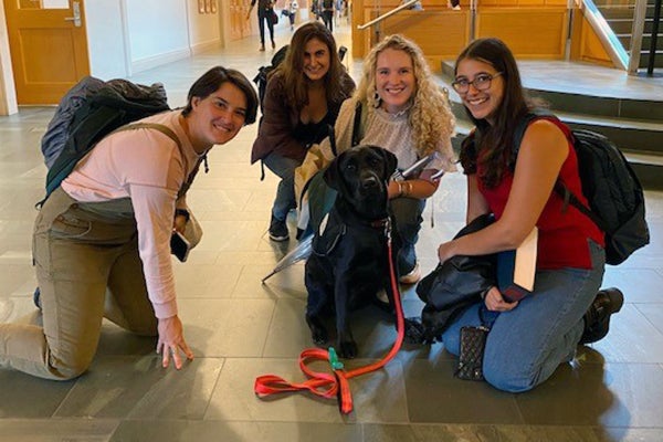 Four students pose with Sasha, Harvard's community engagement dog.