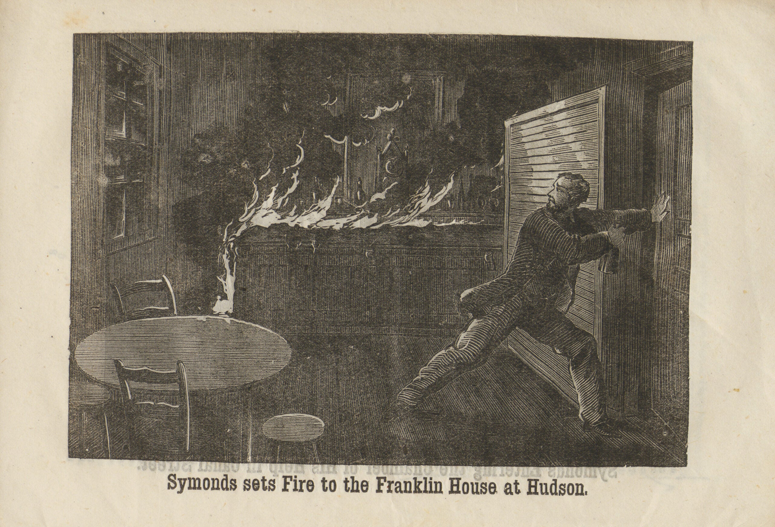 Illustration: Symonds sets fire to the Franklin House at Hudson.
