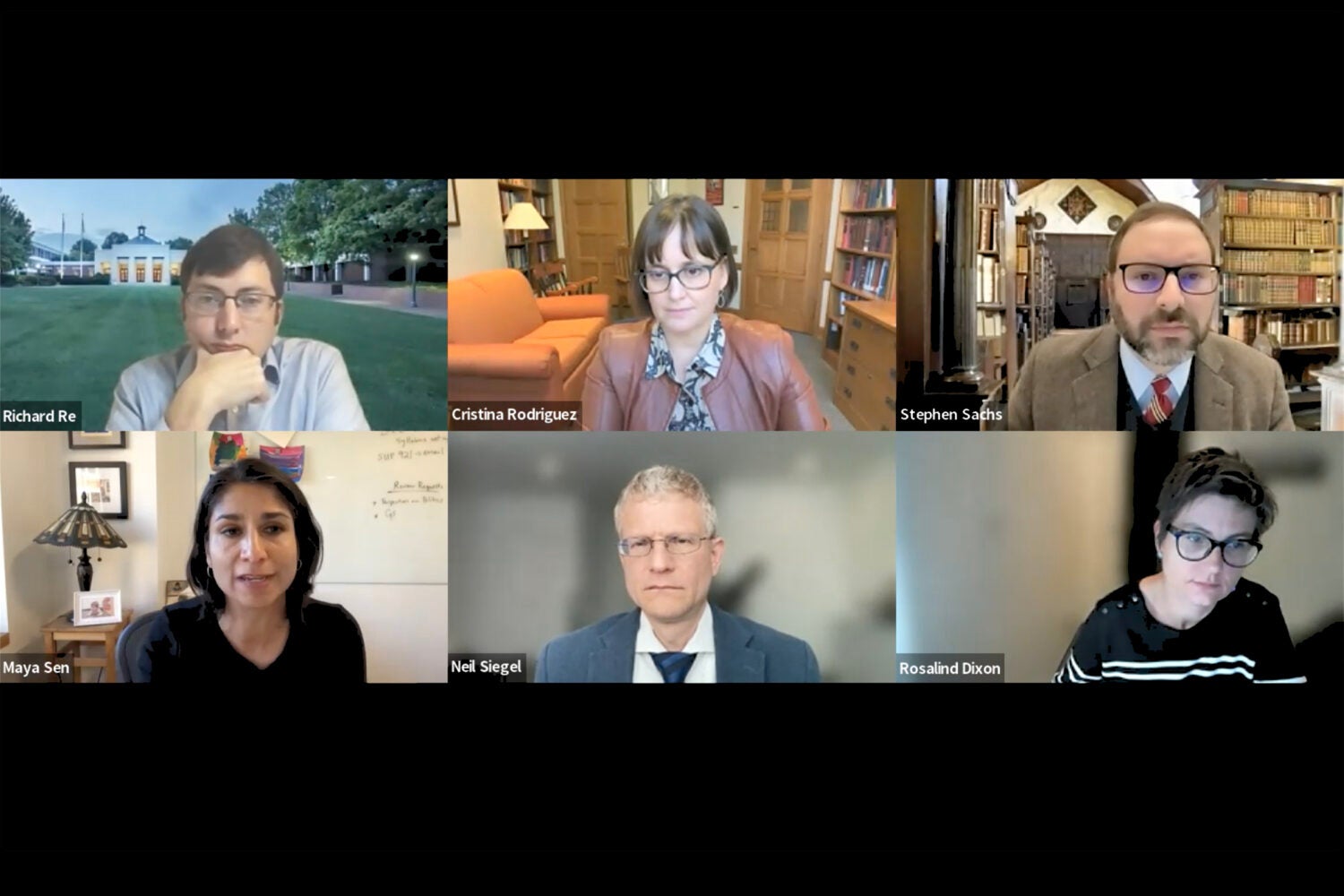 Six panelists participating in a webinar.
