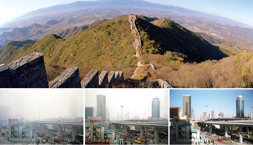 Collage of photos including the Great Wall of China and three cityscapes