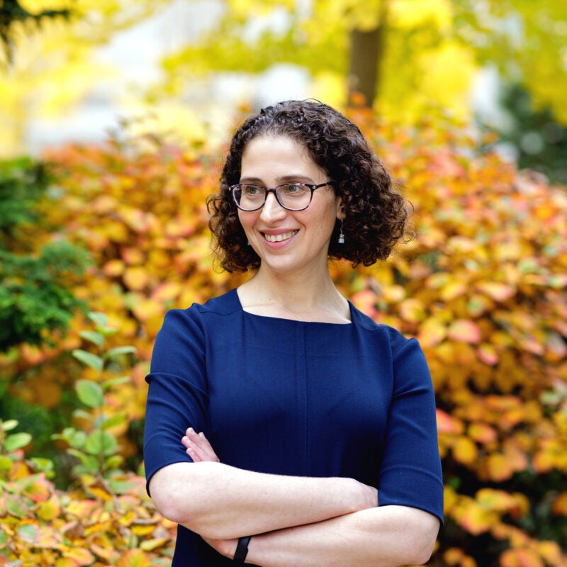 A woman in a blue dress poses in front of fall leaves on the Harvard Law School campus.