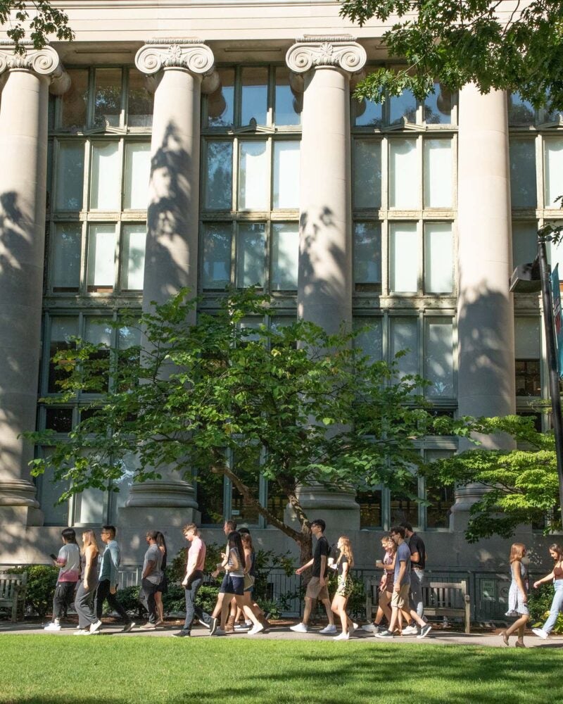 Students walking outside in front of the Harvard Law Library in the summer.