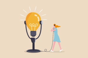 Illustration of a woman using headphone to listen to big lightbulb idea podcast microphone.