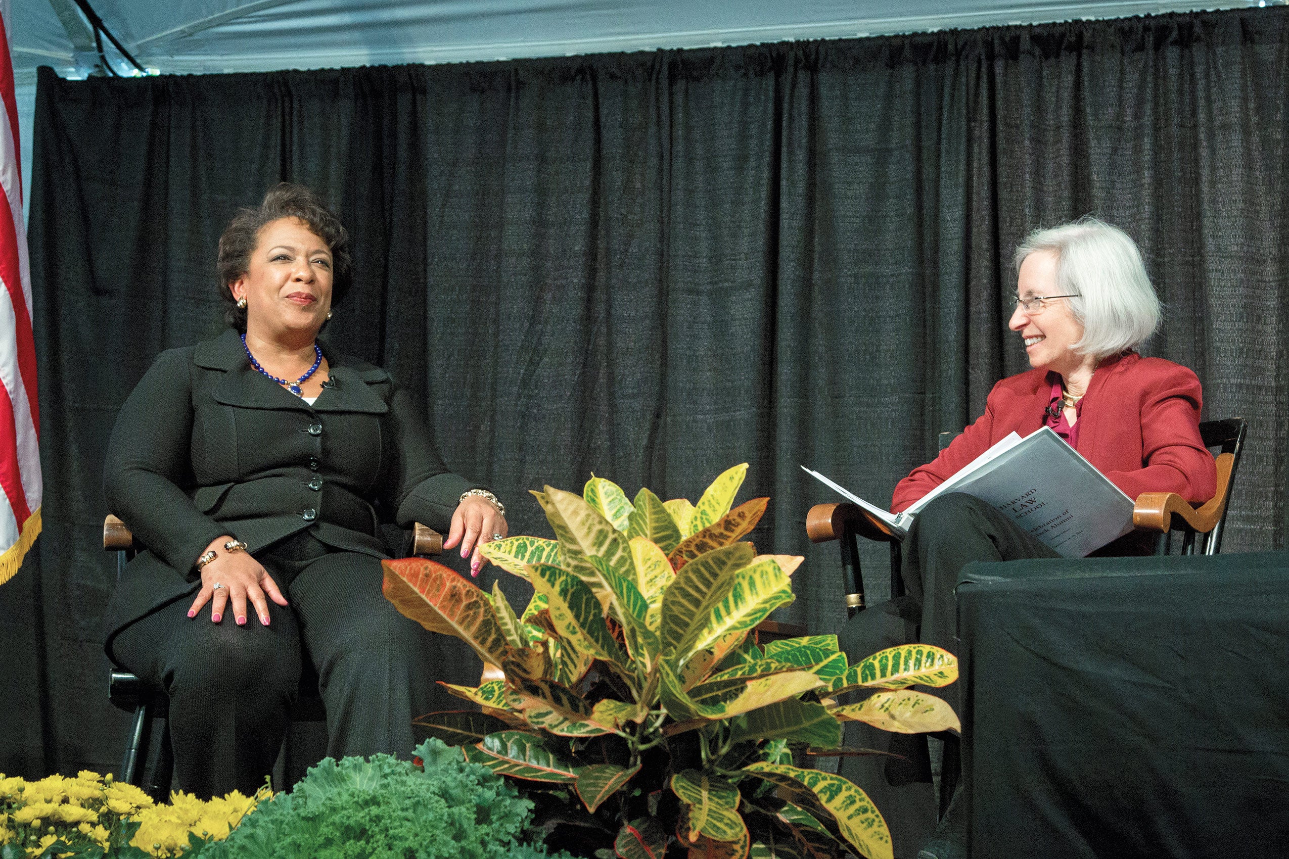 U.S. Attorney General Loretta Lynch ’84, being interviewed by Dean Martha Minow.