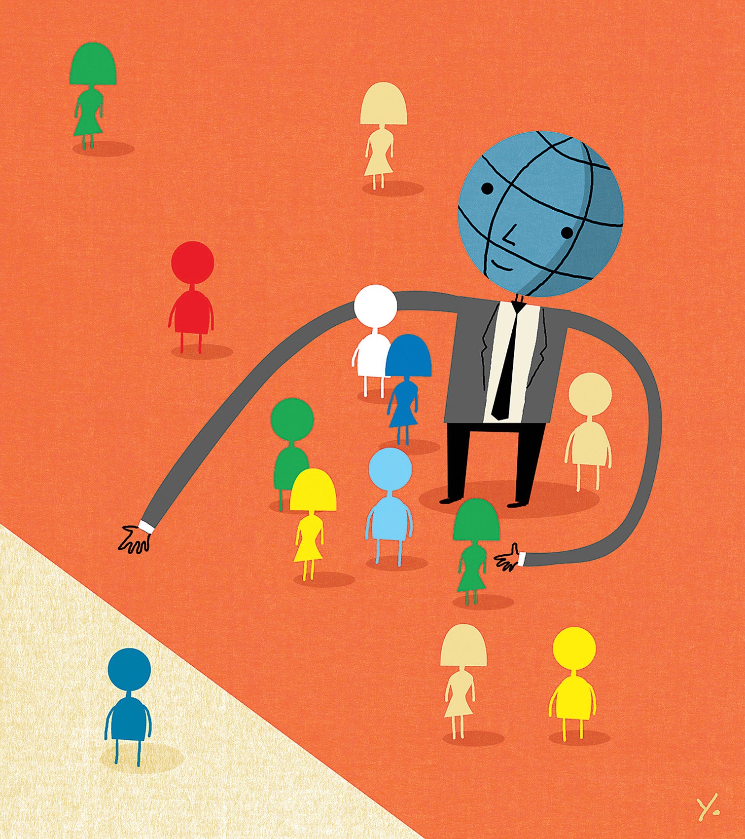 Illustration a large human figure and several smaller human silhouettes
