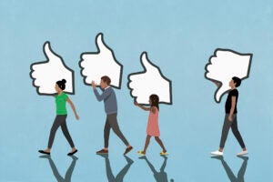 Illustration of people carrying large social media like and dislike buttons against a blue background.