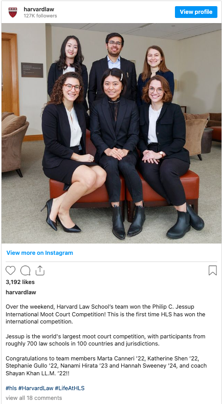 Instagram screenshot of six smiling students for the Philip C. Jessup International Moot Court Competition