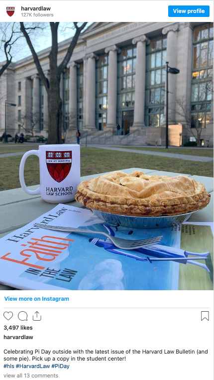Instagram screenshot of a pie and mug in front of Langdell