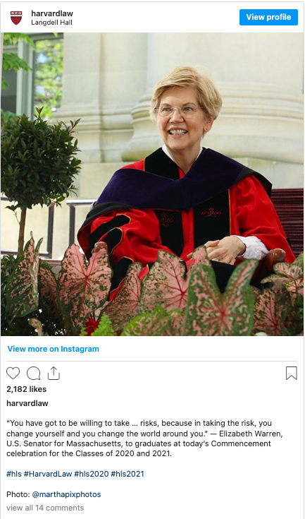 Instagram screenshot of Elizabeth Warren at Commencement
