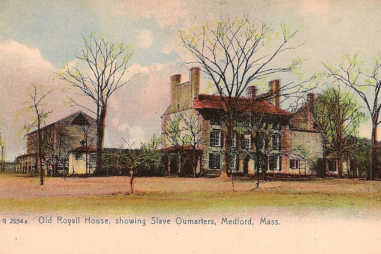 Archival Post card illustration showing a large house with shutters on the right and a simple building with a small porch on the left