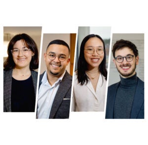 A collage of headshots of four Harvard Law Students: Janna Adelstein ’24, Carlos Gonzalez Sierra ’23, Teresa Chen ’24, Francisco Balbin LL.M. ’23