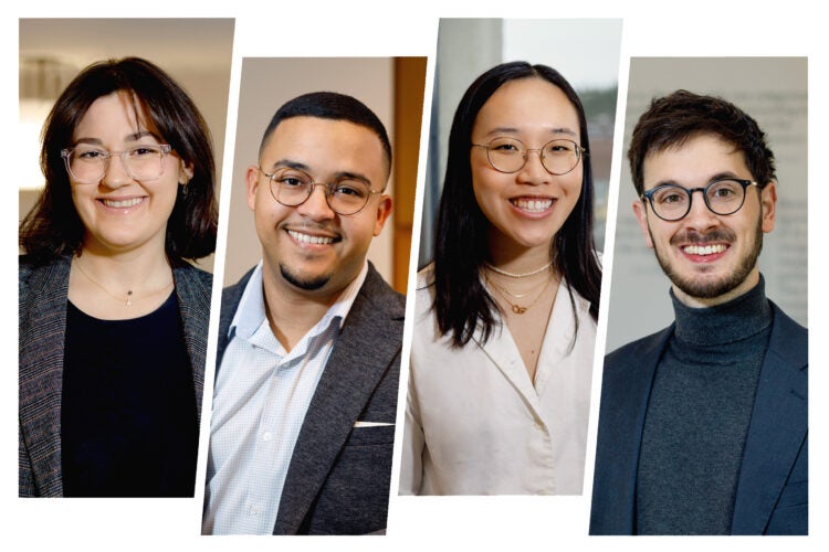 A collage of headshots of four Harvard Law Students: Janna Adelstein ’24, Carlos Gonzalez Sierra ’23, Teresa Chen ’24, Francisco Balbin LL.M. ’23