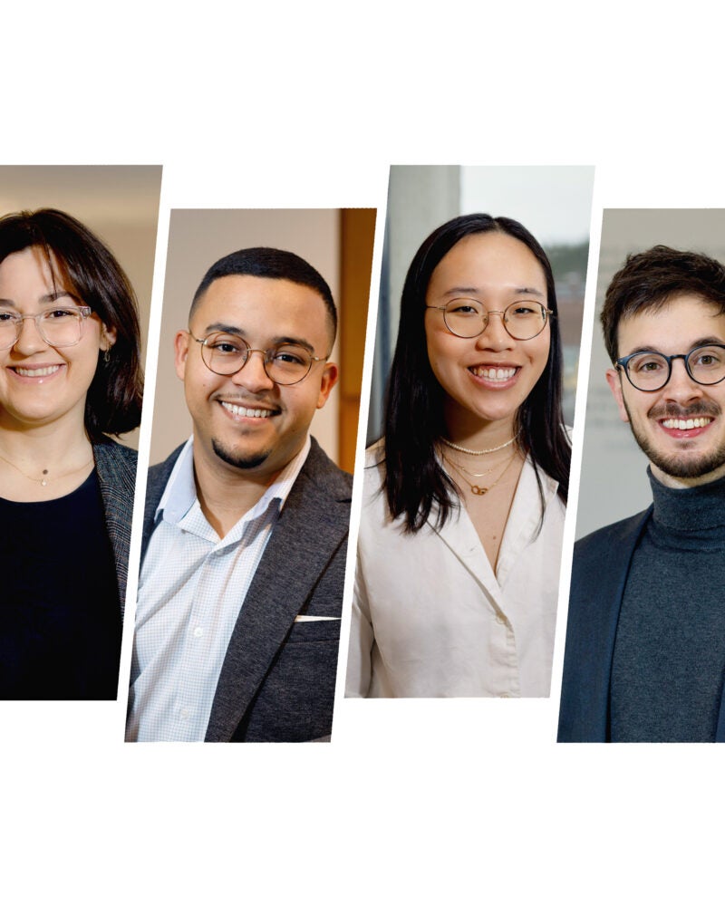 A collage of headshots of four Harvard Law Students: Janna Adelstein ’24, Carlos Gonzalez Sierra ’23, Teresa Chen ’24, Francisco Balbin LL.M. ’23