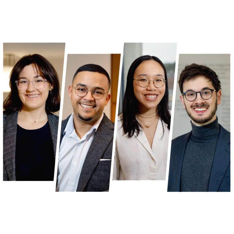 A collage of headshots of four Harvard Law Students: Janna Adelstein ’24, Carlos Gonzalez Sierra ’23, Teresa Chen ’24, Francisco Balbin LL.M. ’23