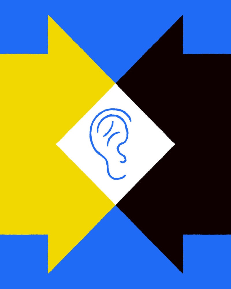Illustration two arrows pointing towards each other and overlapping at an ear