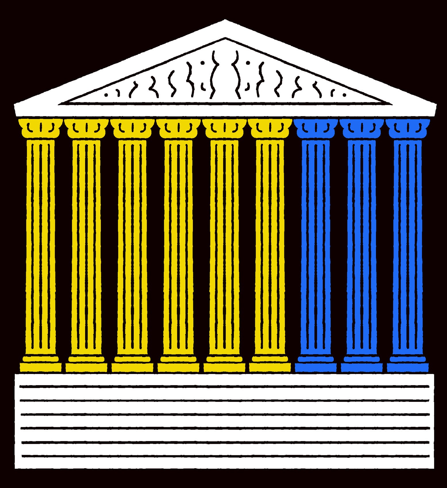 illustration front of the U.S. Supreme Court. Three columns are blue and six columns are yellow