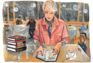 Illustration: A scene in a cafe on a rainy day. A young woman is sitting reading a book with a cup of coffee in a room filled with others at tables.