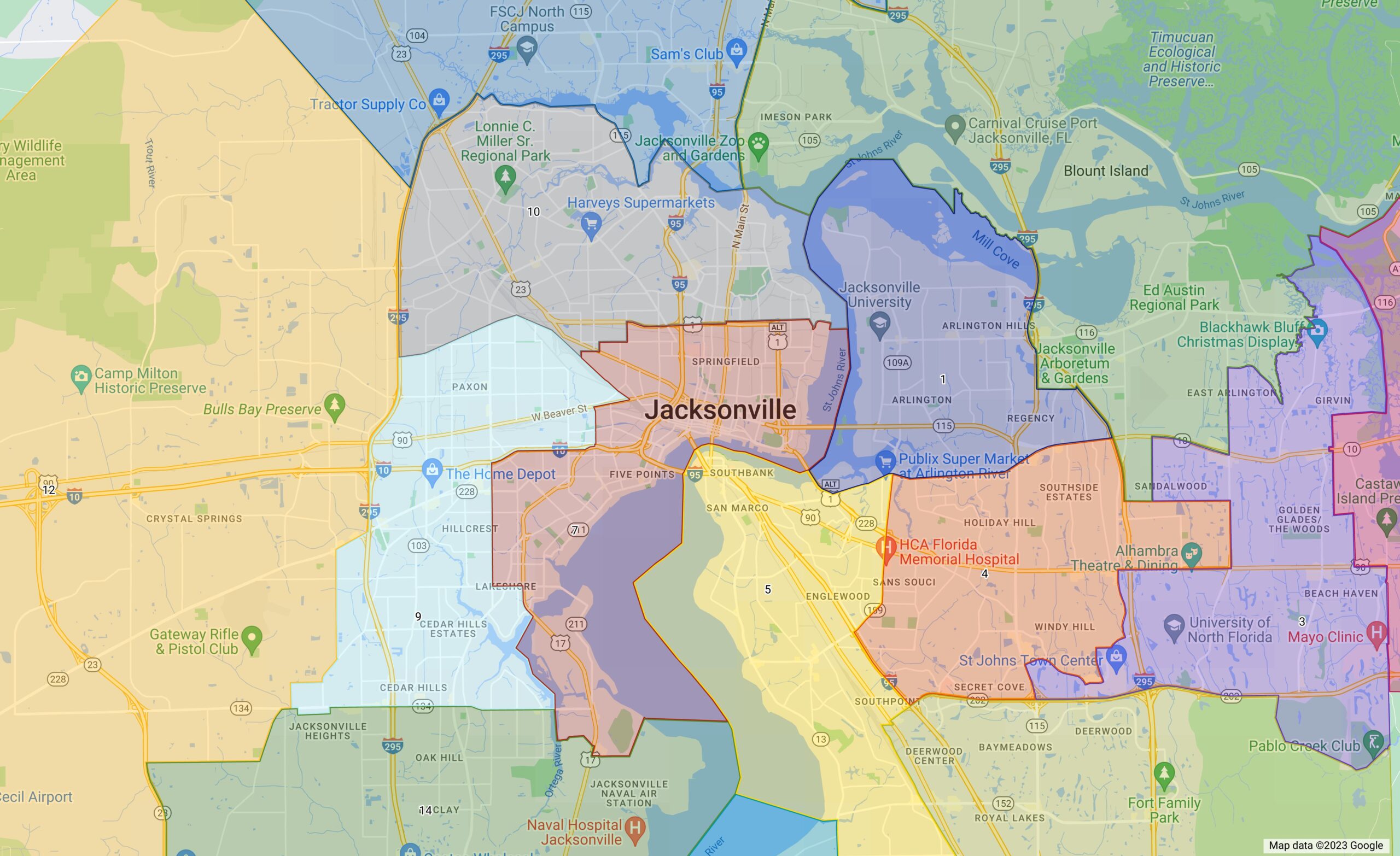 Jacksonville, Florida district map.