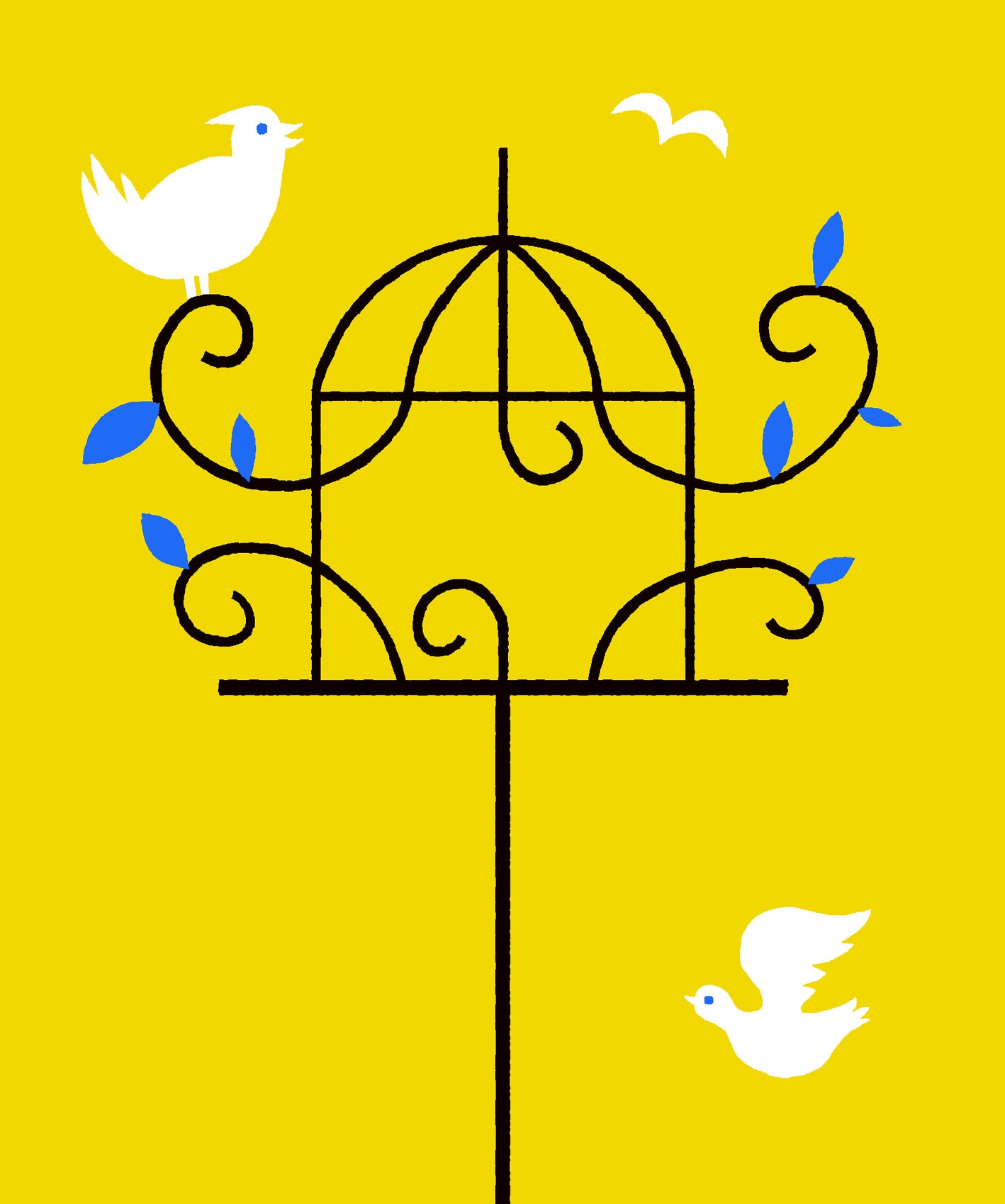 Illustration an open bird cage with white birds flying out