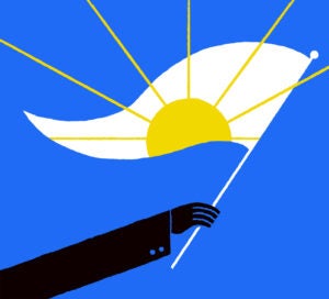 illustration a white flag with a sun on it being held by someone