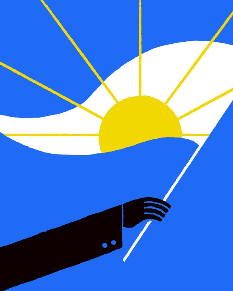 illustration a white flag with a sun on it being held by someone