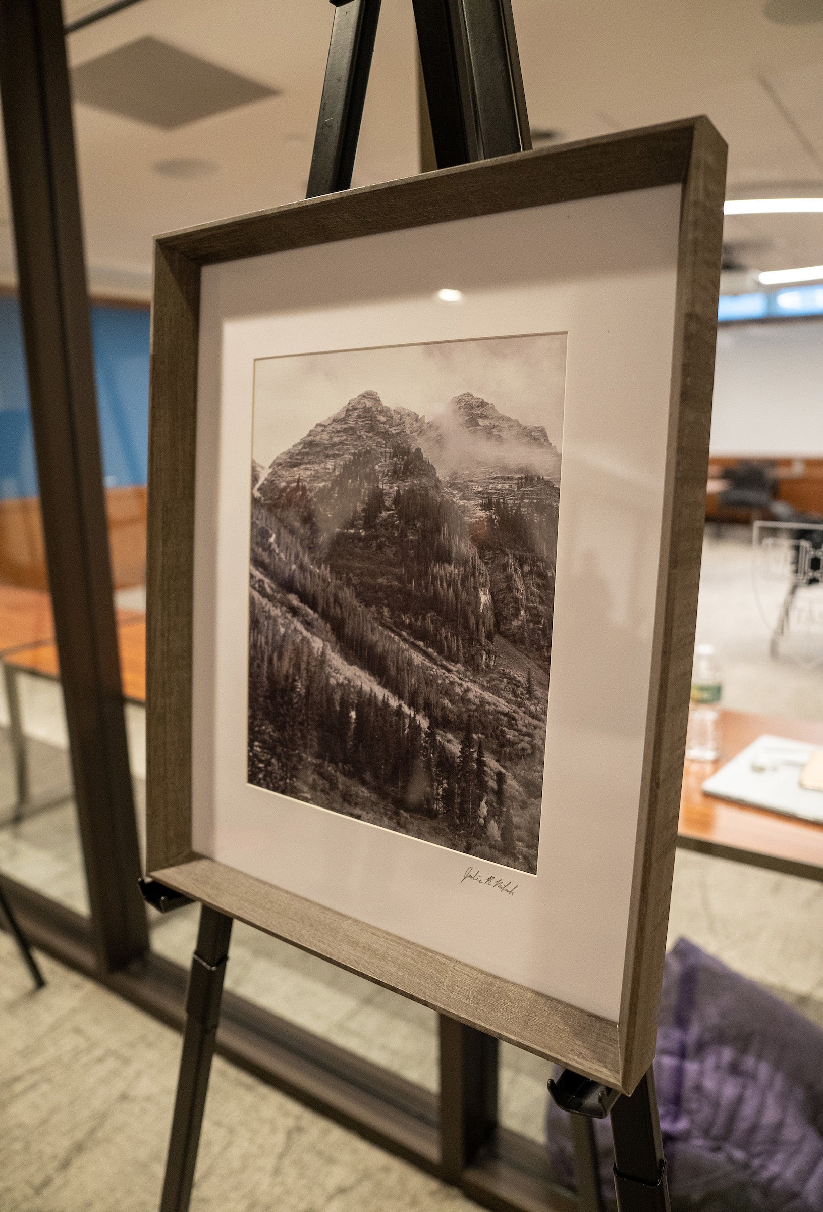 A framed black and white photograph displayed on an easel.