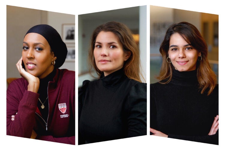 A collage of portraits of three women.