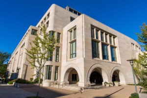 Daylight photo of the corner of Wasserstein Hall