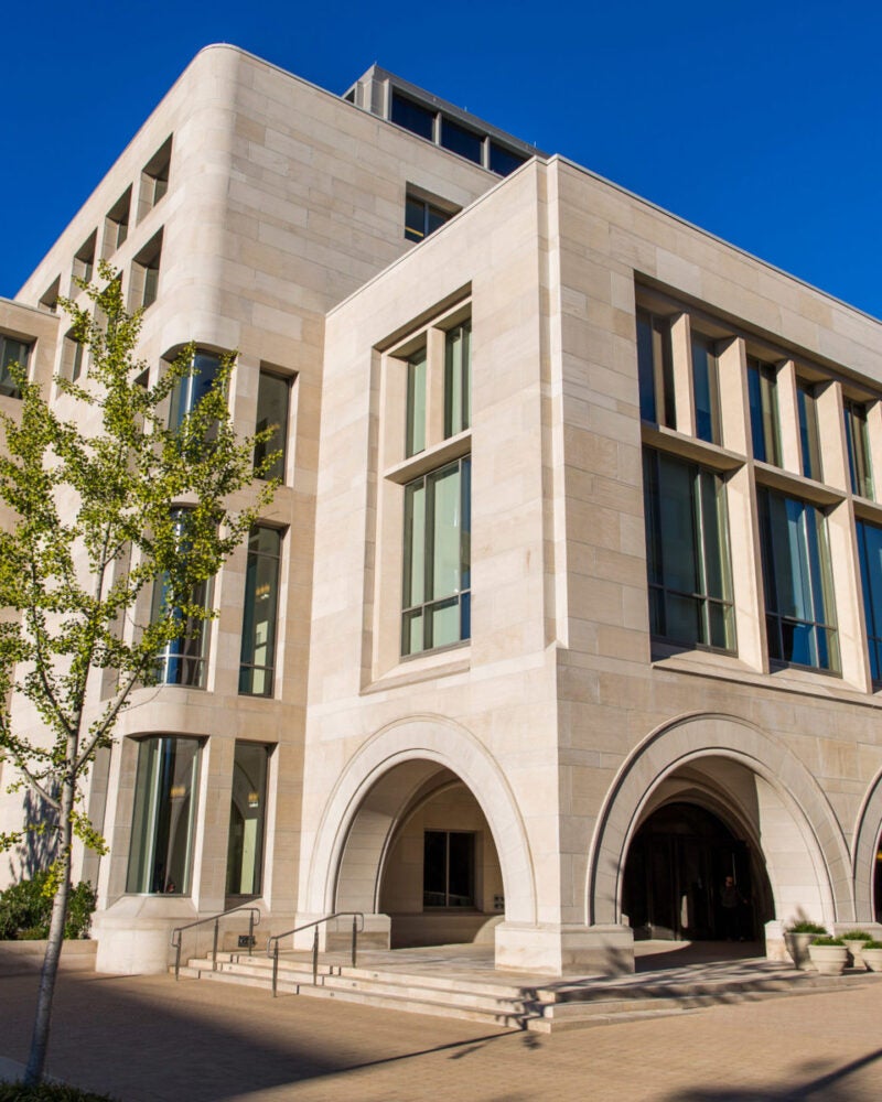 Daylight photo of the corner of Wasserstein Hall