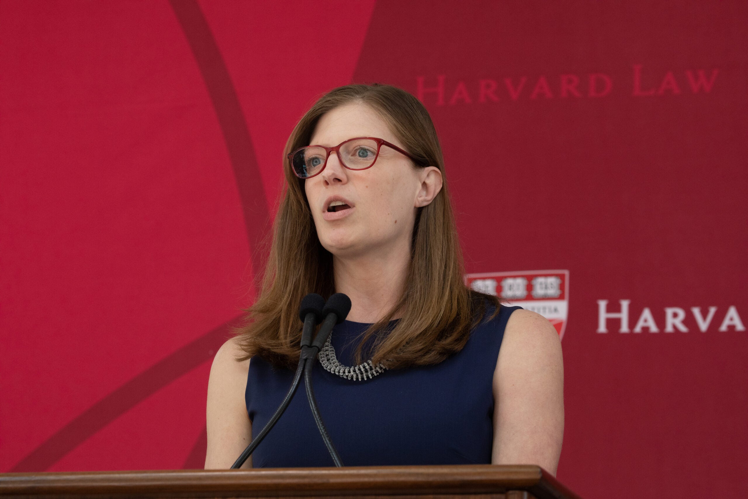 Lindsay Breedlove speaking on stage in front of Harvard Law shield