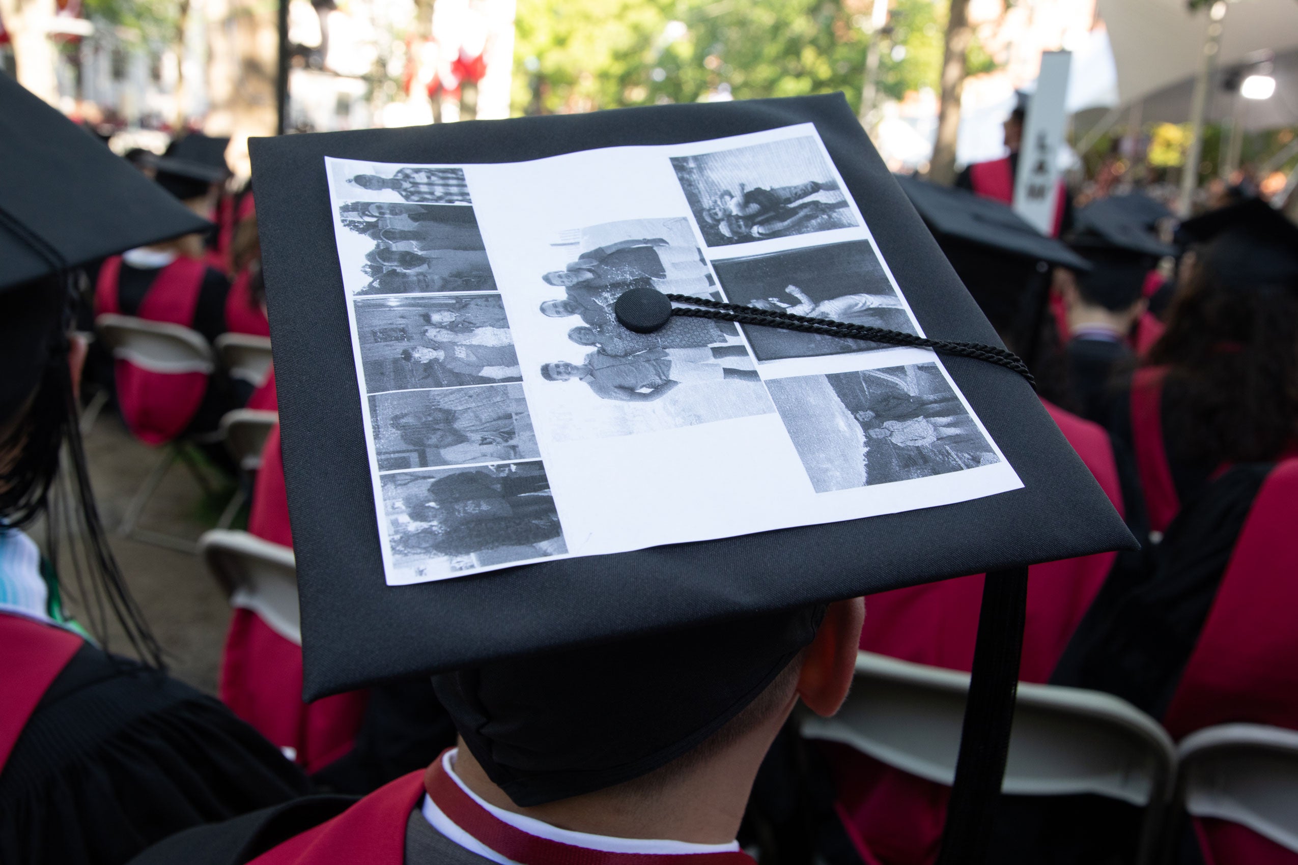 Cap decorated with photos of family and friends