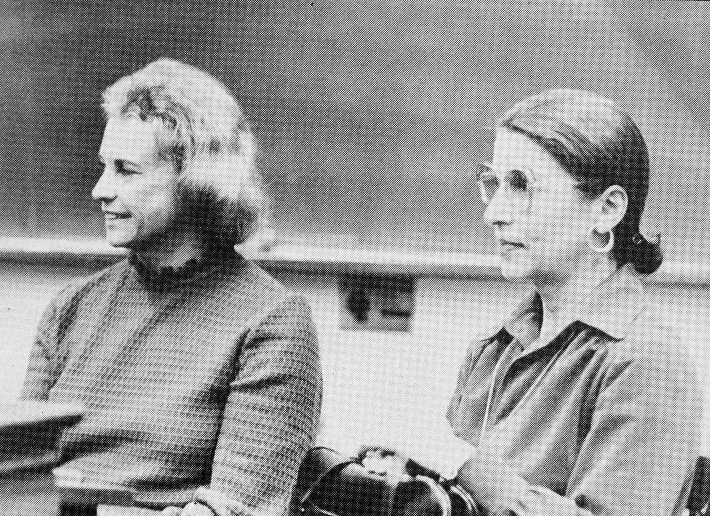 Black-and-white photo of two women