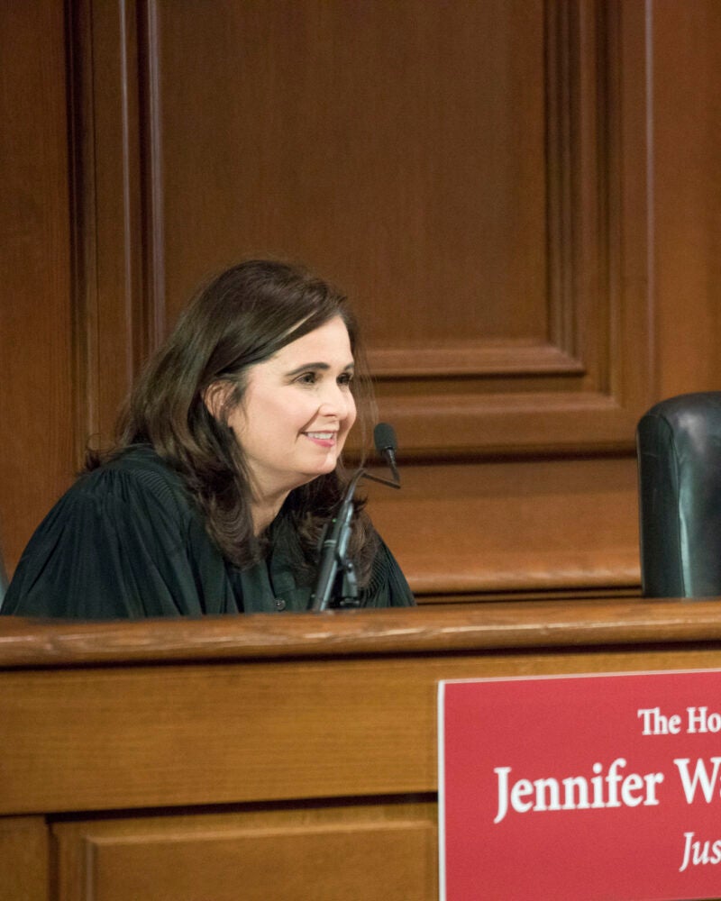 Jennifer Walker Elrod on the bench judging Ames Moot Court finals