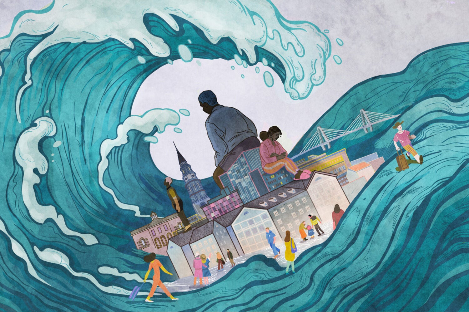 Illustration: A city is being swept up by an ocean wave