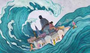 Illustration: A city is being swept up by an ocean wave