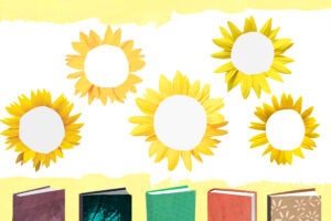 Illustration: Sun flowers above a row of colorful book covers