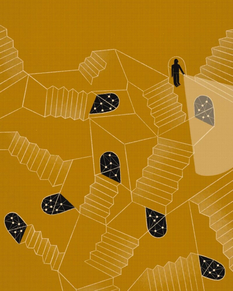 An illustration depicts many staircases ending at an opening representing the internet as a figure searches the scene with a light.